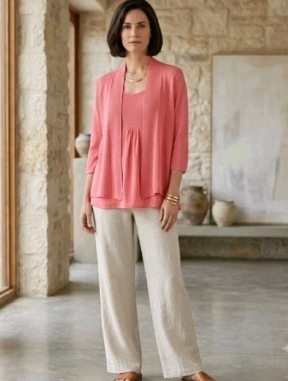 Eileen Fisher Coral Layered Knit Tank and Open Cardigan Set